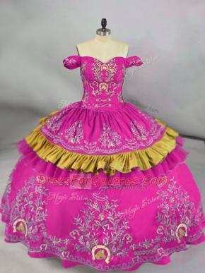 Flirting Fuchsia Side Zipper Off The Shoulder Embroidery Quinceanera Gown Satin Sleeveless