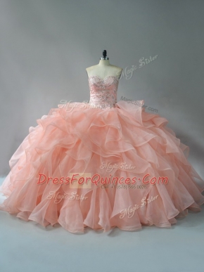 Peach Sweetheart Neckline Beading and Ruffles Ball Gown Prom Dress Sleeveless Lace Up