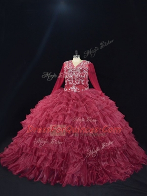 Customized Burgundy Ball Gowns Organza V-neck Long Sleeves Ruffled Layers Floor Length Lace Up Vestidos de Quinceanera