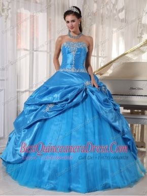 Blue Ball Gown Strapless Floor-length Taffeta and Tulle Appliques Sweet 16 Dress