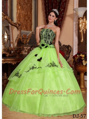 Yellow Green and Black Ball Gown Strapless Embroidery 15th Birthday Dresses