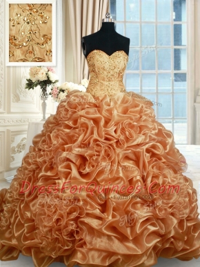 High Class Champagne Sweetheart Neckline Beading and Ruffles and Pick Ups 15th Birthday Dress Sleeveless Lace Up