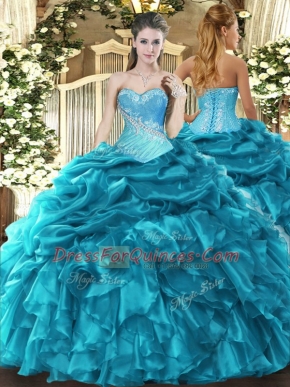 Floor Length Ball Gowns Sleeveless Teal 15 Quinceanera Dress Lace Up