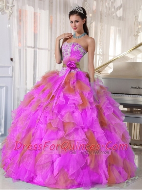 Ruffles Sweetheart Organza Ball Gown Dress with Appliques and Hand Made Flower in  Multi-colour