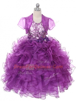 Sleeveless Lace Up Floor Length Ruffles and Sequins and Bowknot Little Girls Pageant Gowns
