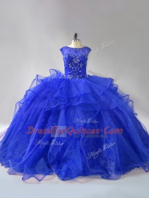 Royal Blue Ball Gown Prom Dress Sweet 16 and Quinceanera with Beading and Ruffles Scoop Sleeveless Brush Train Lace Up