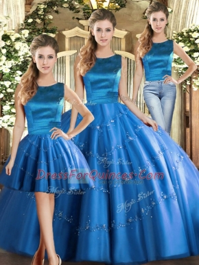 Floor Length Lace Up Quince Ball Gowns Blue for Military Ball and Sweet 16 and Quinceanera with Appliques