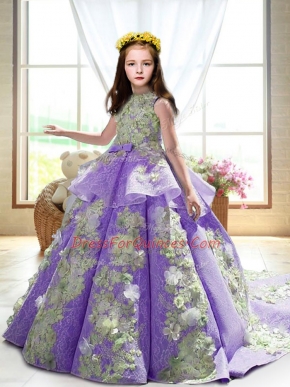 Lavender Backless Little Girls Pageant Dress Appliques Sleeveless Court Train