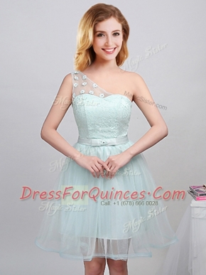 Eye-catching One Shoulder Sleeveless Lace Up Court Dresses for Sweet 16 Apple Green Tulle