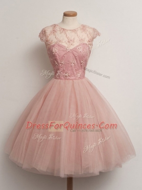 Peach Ball Gowns Tulle Scoop Cap Sleeves Lace Knee Length Lace Up Court Dresses for Sweet 16