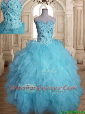 Latest Beaded and Ruffled Tulle Quinceanera Dress in Baby Blue