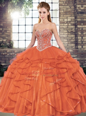 Dynamic Rust Red Ball Gowns Tulle Sweetheart Sleeveless Beading and Ruffles Floor Length Lace Up Quinceanera Dresses