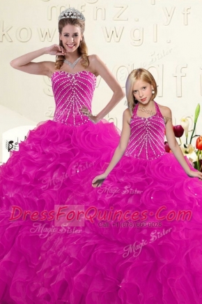 Fuchsia Sleeveless Floor Length Beading and Ruffles Lace Up Quince Ball Gowns