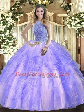 Graceful Beading and Ruffles Quinceanera Dresses Lavender Lace Up Sleeveless Floor Length