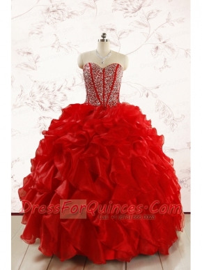 Red Beading and Ruffles Sweetheart Pretty Quinceanera Dresses for 2015