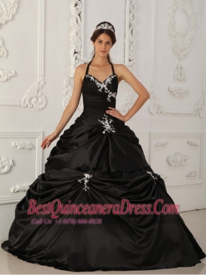Black A-Line / Princess Halter Floor-length Taffeta Appliques Quinceanera Dress