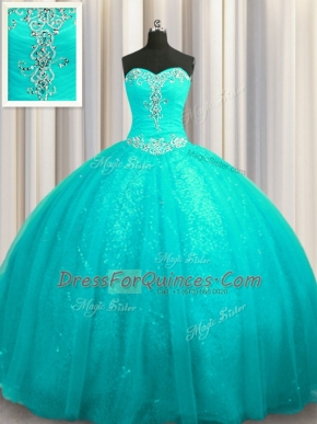 Best Selling Sleeveless Organza and Sequined Court Train Lace Up 15 Quinceanera Dress in Aqua Blue with Beading and Appliques
