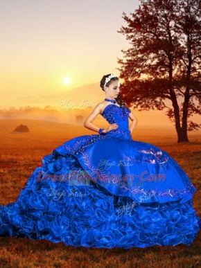 Blue Sweetheart Neckline Embroidery and Ruffles Ball Gown Prom Dress Sleeveless Lace Up