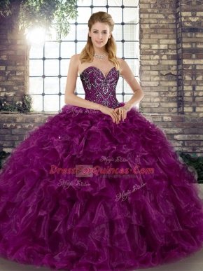 Elegant Purple Ball Gowns Sweetheart Sleeveless Organza Floor Length Lace Up Beading and Ruffles Sweet 16 Quinceanera Dress