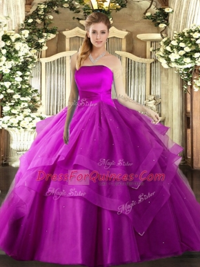 Gorgeous Sleeveless Tulle Floor Length Lace Up Quinceanera Gown in Fuchsia with Ruffled Layers