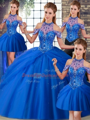 Ball Gowns Sleeveless Blue Quinceanera Dress Brush Train Lace Up