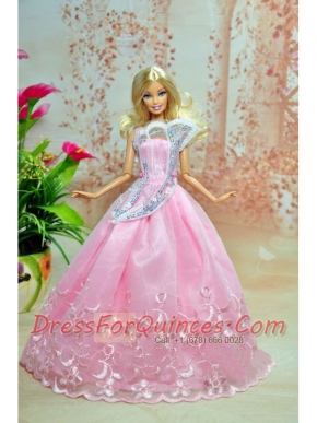 Pink Lovely Party Dress For Barbie Doll Dress With Embroidery