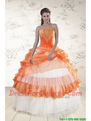 2015 Perfect Strapless Appliques and Beading Quinceanera Dresses in Orange