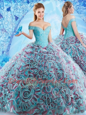 Sophisticated Off the Shoulder Backless Fabric With Rolling Flowers Sleeveless Quinceanera Gown Court Train and Beading and Appliques and Ruffles