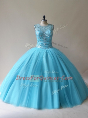 Elegant Baby Blue Scoop Neckline Beading Ball Gown Prom Dress Sleeveless Lace Up