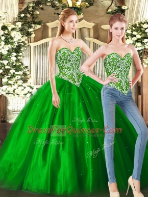Stunning Floor Length Green Vestidos de Quinceanera Tulle Sleeveless Beading