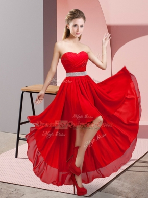 Fashionable Wine Red A-line Beading Prom Dress Lace Up Chiffon Sleeveless High Low