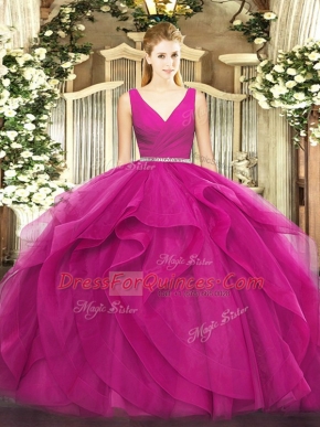 Lovely Fuchsia Tulle Zipper V-neck Sleeveless Floor Length Quinceanera Dress Beading and Ruffles