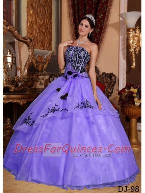 OgPurple and Black Strapless Appliques Ball Gown Dress with hand Made Flower