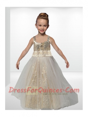 Champagne Straps Floor-length Paillette Flower Girl Dresses with A-Line