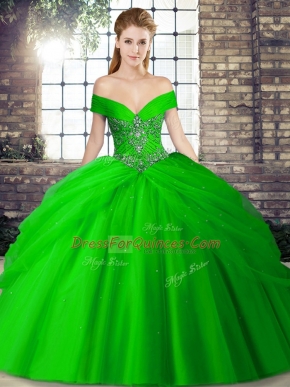 Custom Made Lace Up 15 Quinceanera Dress Green for Military Ball and Sweet 16 and Quinceanera with Beading and Pick Ups Brush Train