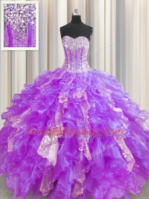 Sequins Visible Boning Floor Length Lavender Quinceanera Gown Sweetheart Sleeveless Lace Up
