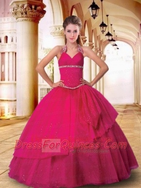 The Super Hot Halter Top Hot Pink Quinceanera Gown with Beading and Ruching