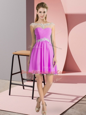 Lilac Chiffon Lace Up Scoop Cap Sleeves Mini Length Prom Party Dress Beading
