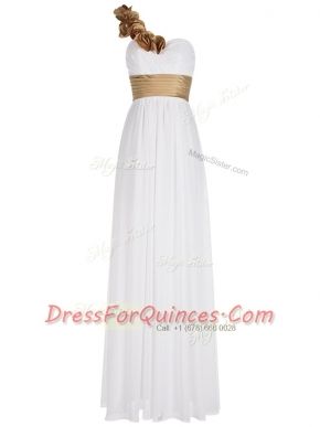 Inexpensive One Shoulder Sleeveless Homecoming Dress Floor Length Ruching White Chiffon