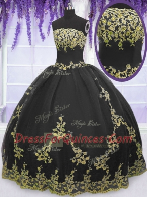 Eye-catching Strapless Sleeveless Zipper 15 Quinceanera Dress Black Tulle