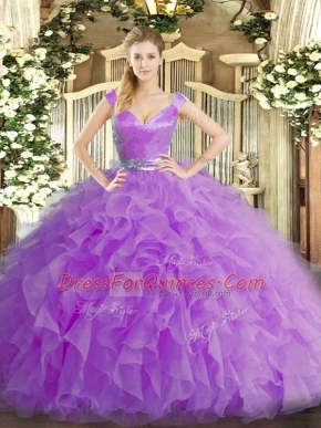 V-neck Sleeveless Zipper Quinceanera Gown Lilac Organza