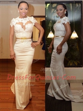 White Mermaid Satin Scoop Cap Sleeves Appliques Zipper Prom Dresses Court Train