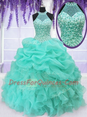 Low Price Aqua Blue Halter Top Neckline Beading and Ruffles and Pick Ups Sweet 16 Quinceanera Dress Sleeveless Lace Up