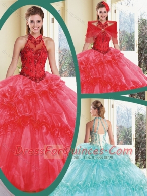 New Styles Appliques and Ruffles Quinceanera Gowns with Halter Top