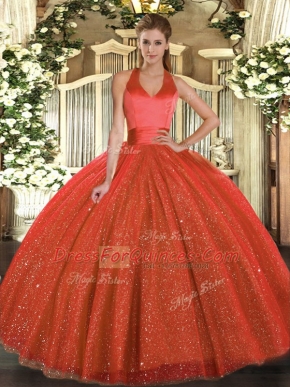Lovely Rust Red Ball Gowns Sequins Quinceanera Gown Lace Up Tulle Sleeveless Floor Length