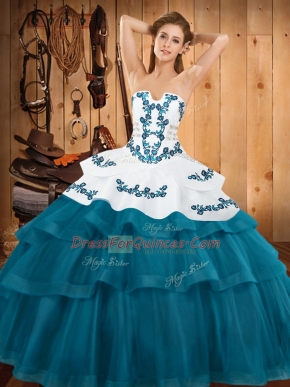 Custom Design Sleeveless Sweep Train Lace Up Embroidery and Ruffled Layers Quinceanera Gowns
