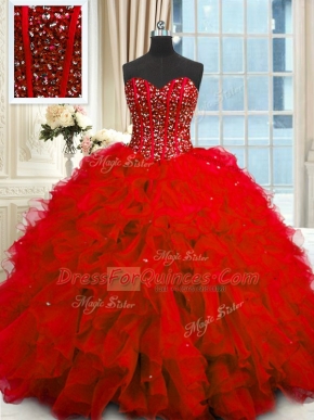 Extravagant Red Lace Up 15th Birthday Dress Beading and Ruffles and Sequins Sleeveless Floor Length