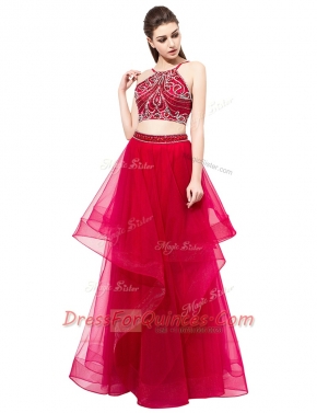 Organza High-neck Sleeveless Zipper Beading Prom Gown in Red