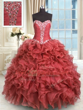 Rust Red Organza Lace Up Sweetheart Sleeveless Floor Length Vestidos de Quinceanera Beading and Ruffles