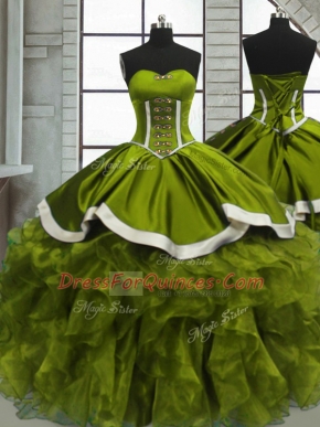 Luxury Olive Green Ball Gowns Beading and Ruffles Quinceanera Dress Lace Up Organza Sleeveless Floor Length